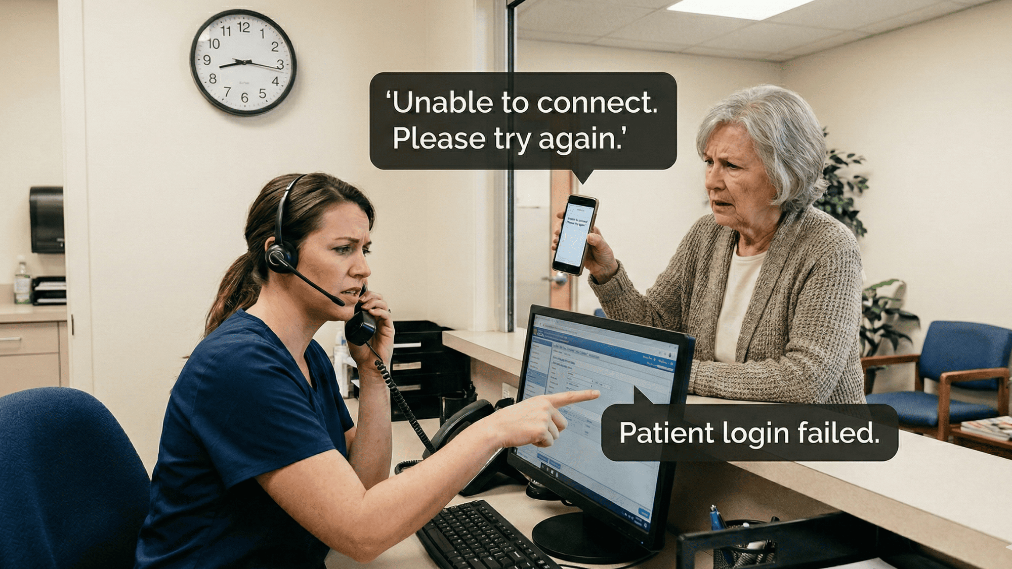 Stressed front desk staff helping a confused elderly patient troubleshoot a failed telehealth login at a medical clinic