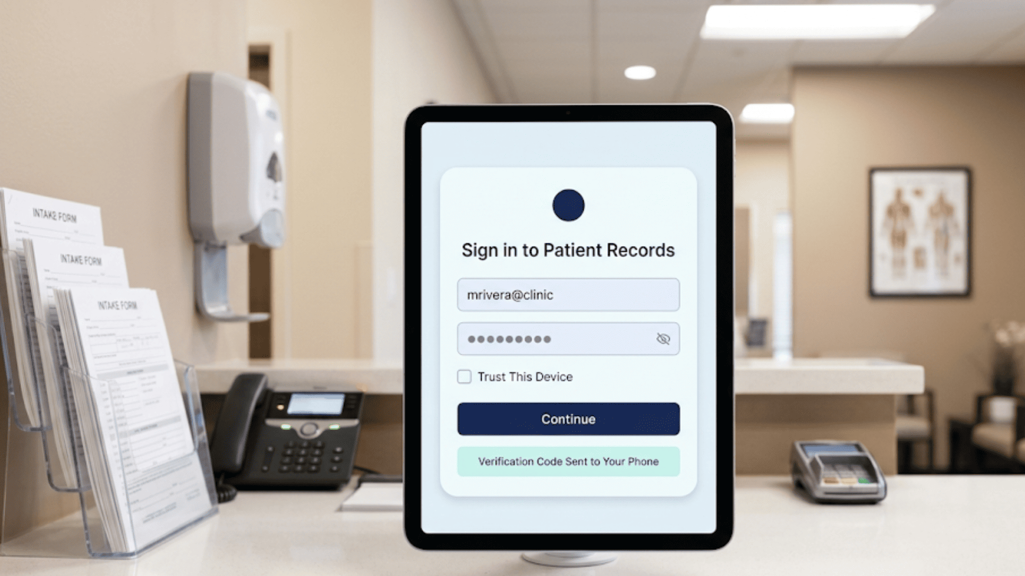 Clinic check-in tablet showing a patient records login screen with multi-factor verification code prompt
