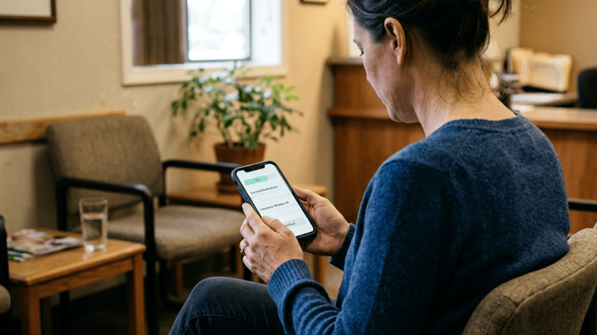 Seated patient using their phone for online patient check-in at a medical office
