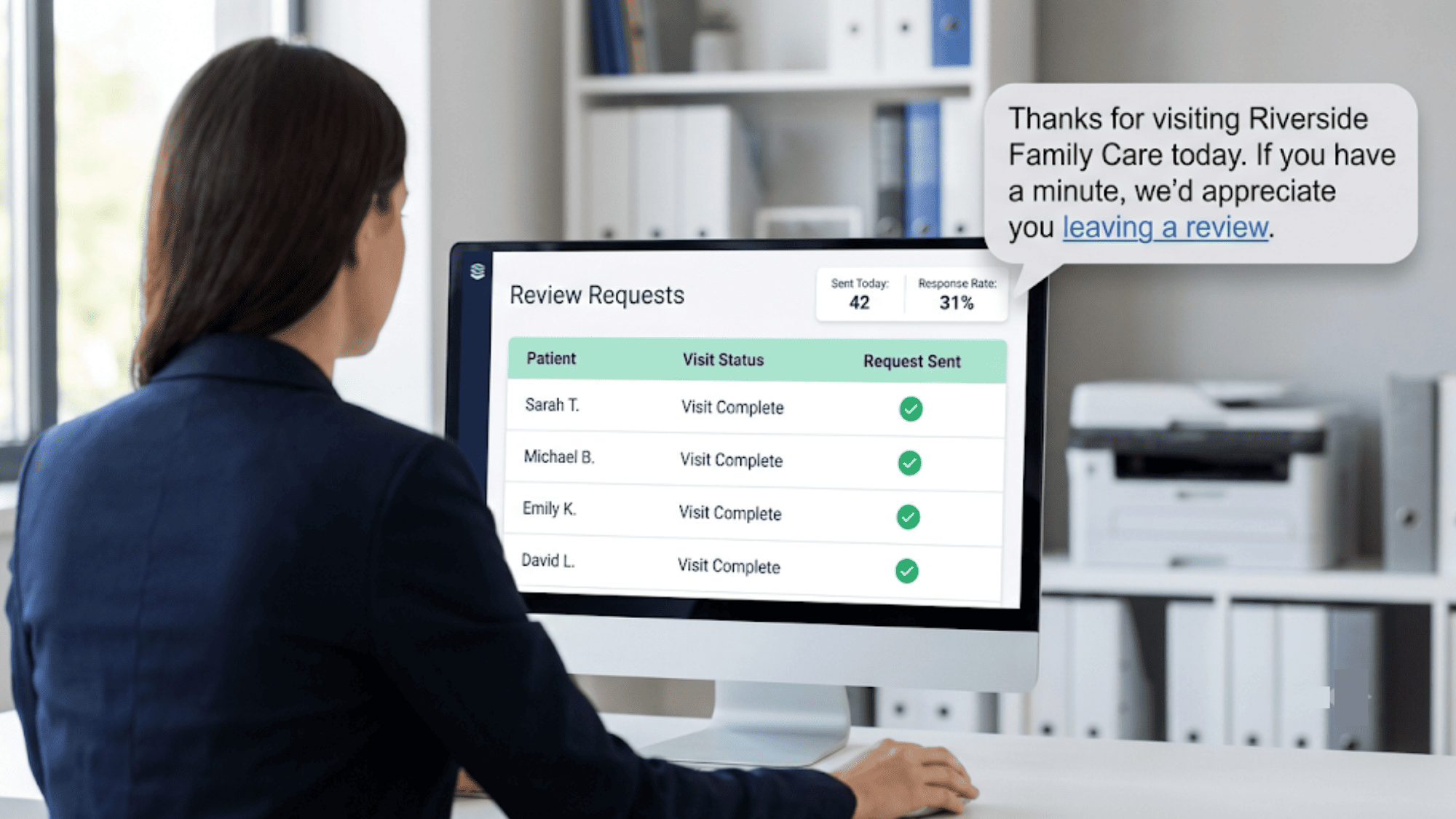 Clinic dashboard tracking automated review requests sent after visit completion