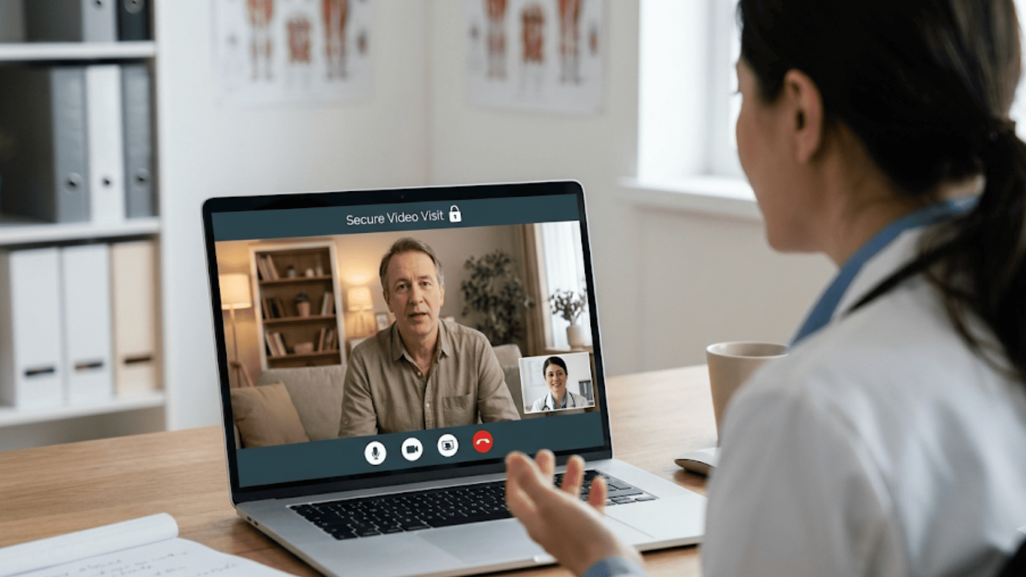 Physician conducting a HIPAA compliant video conference with a patient on a laptop
