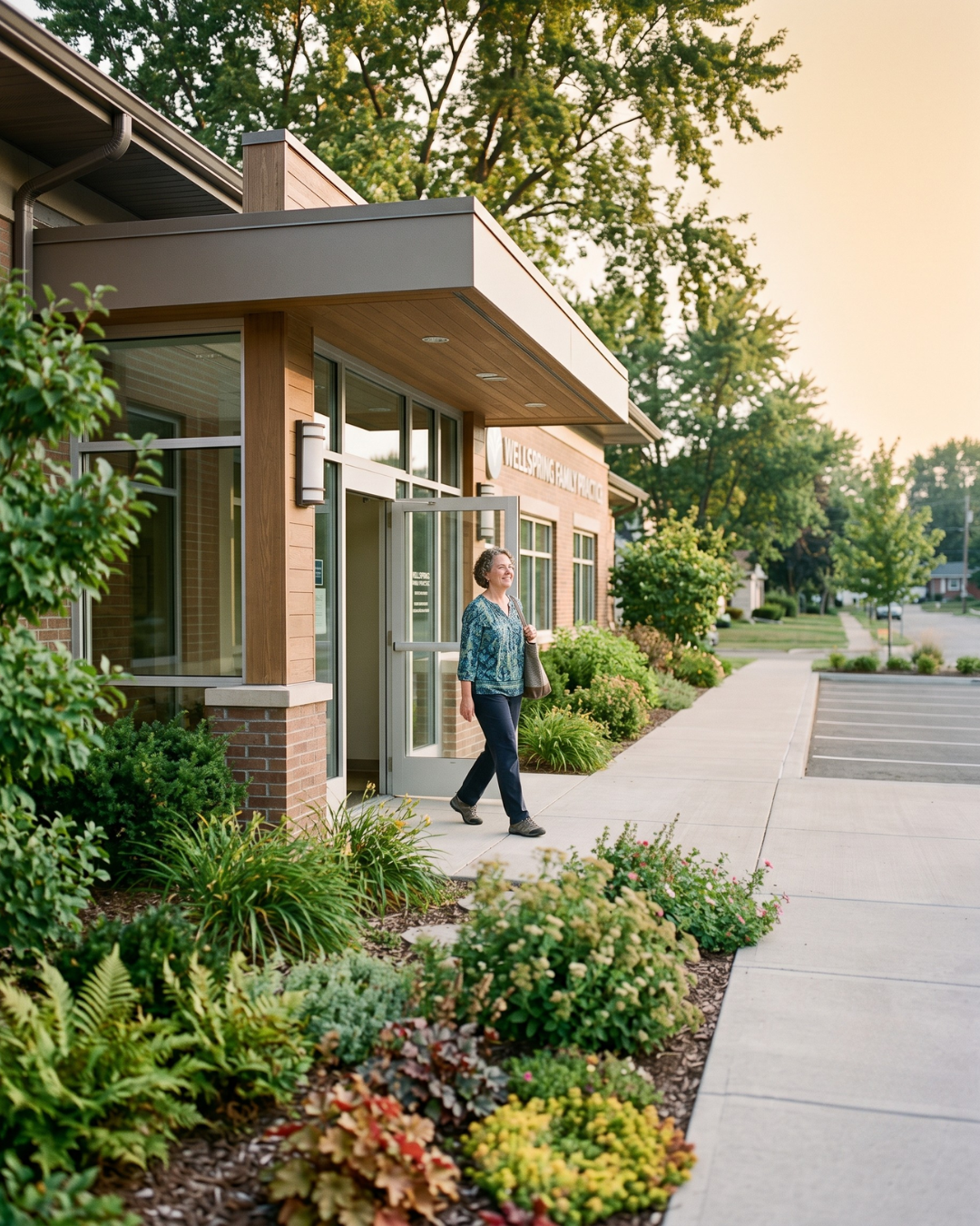 Satisfied patient leaving a clinic in daylight after a positive care experience