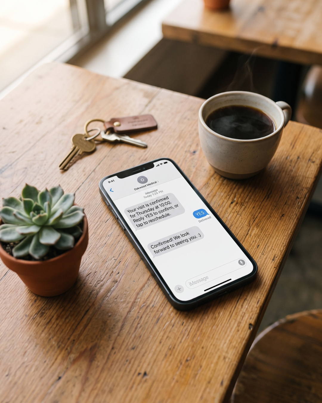 Phone on a table showing a medical practice appointment reminder and confirmation text