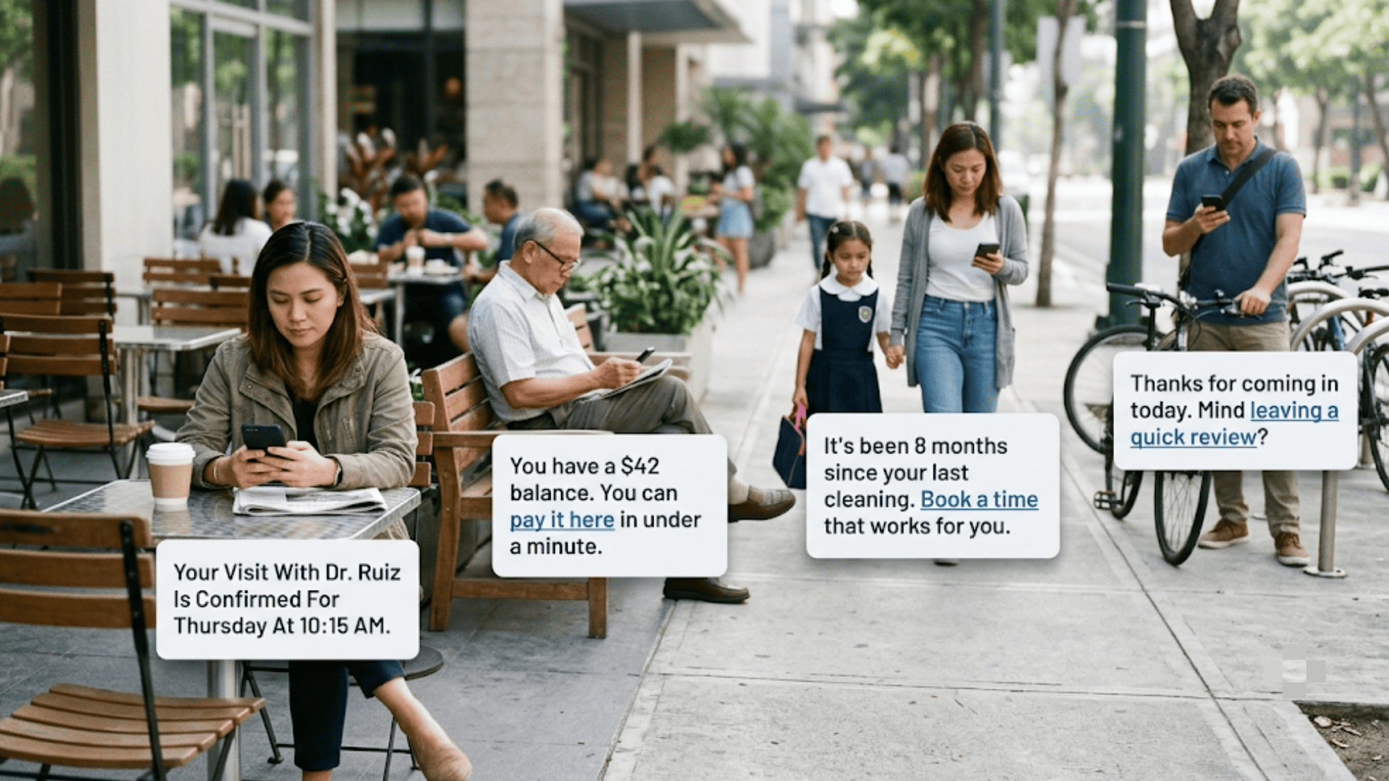 Patients in everyday settings engaging with clinic messages about confirmations, payments, booking, and reviews