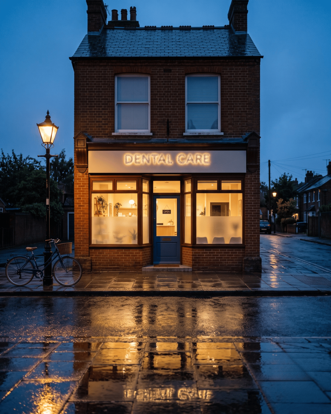 Dental practice storefront glowing at dusk, where local patients find a new clinic
