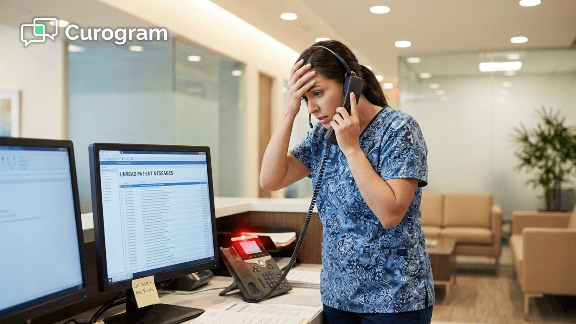 Overwhelmed front desk staff juggling phone calls and patient portal notifications at a medical clinic
