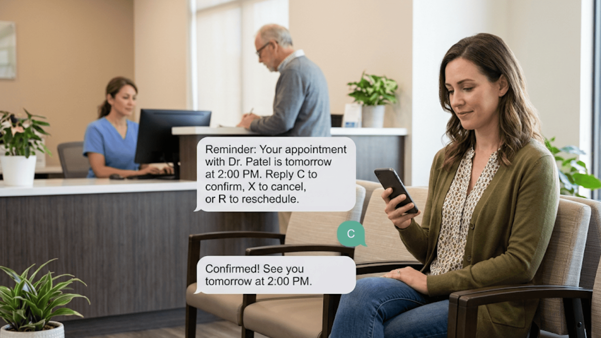 Patient in clinic waiting room confirming appointment by replying to a 2-way text reminder on her phone