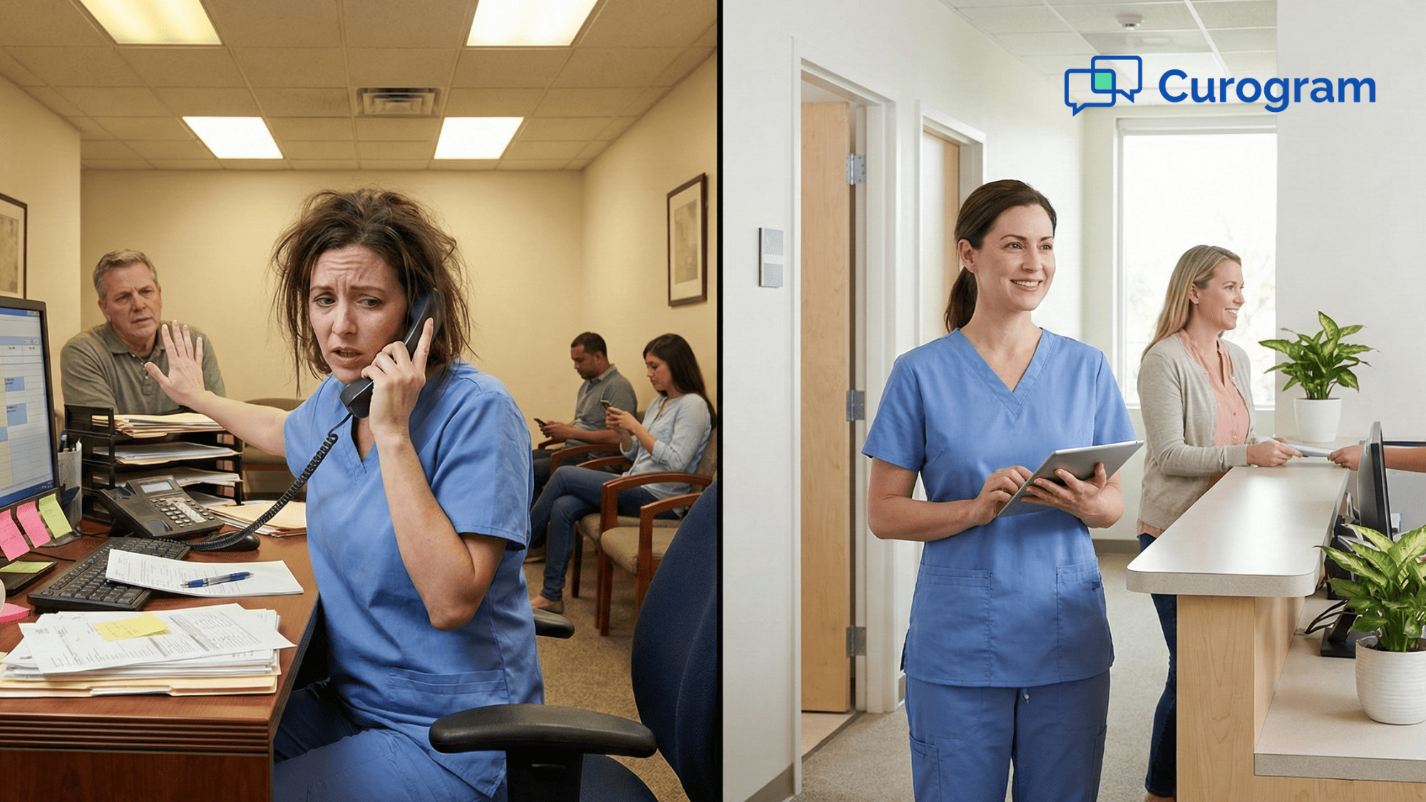 Before and after comparison of front desk workflow with and without 2-way texting for MD Systems patients