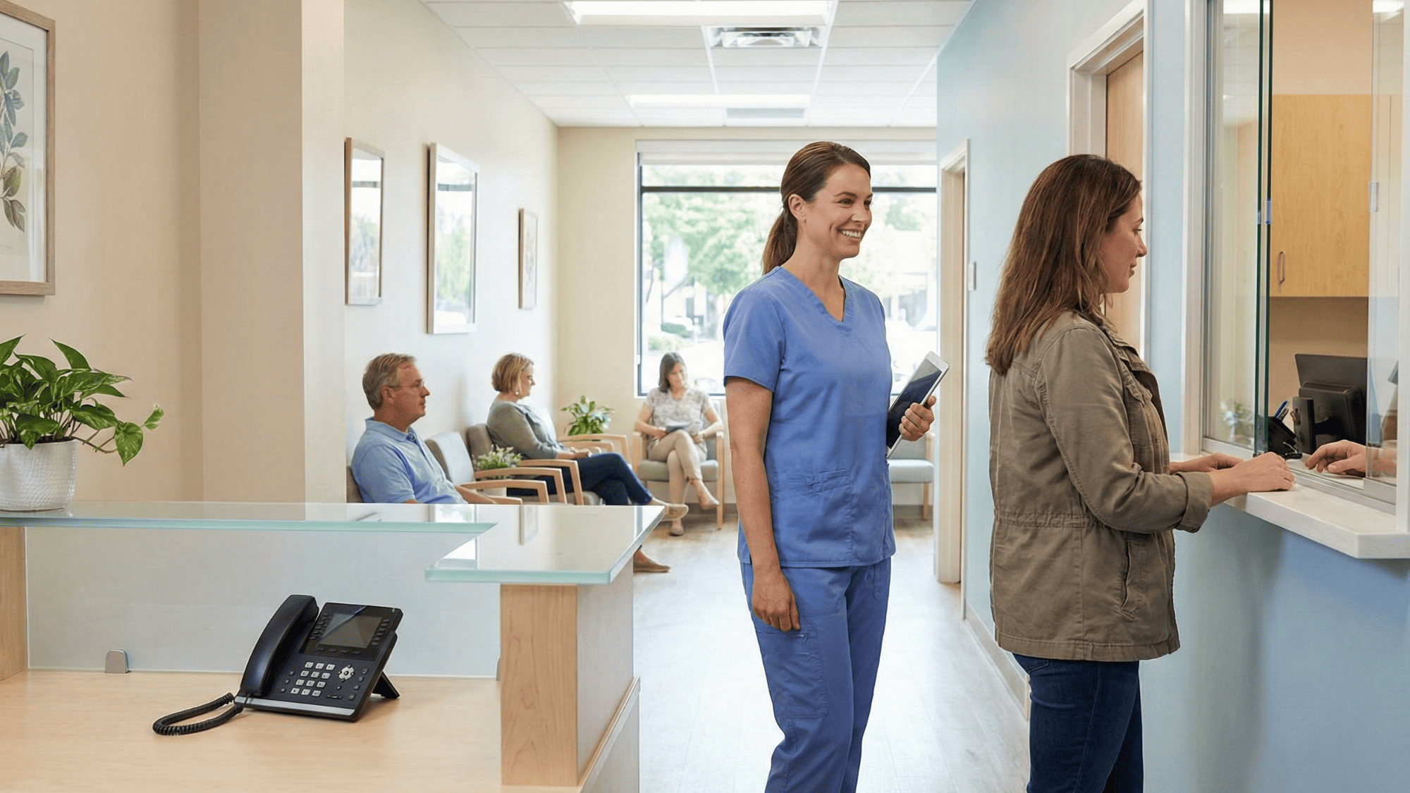Medical office staff member greeting patient at front desk while holding tablet in modern clinic hallway