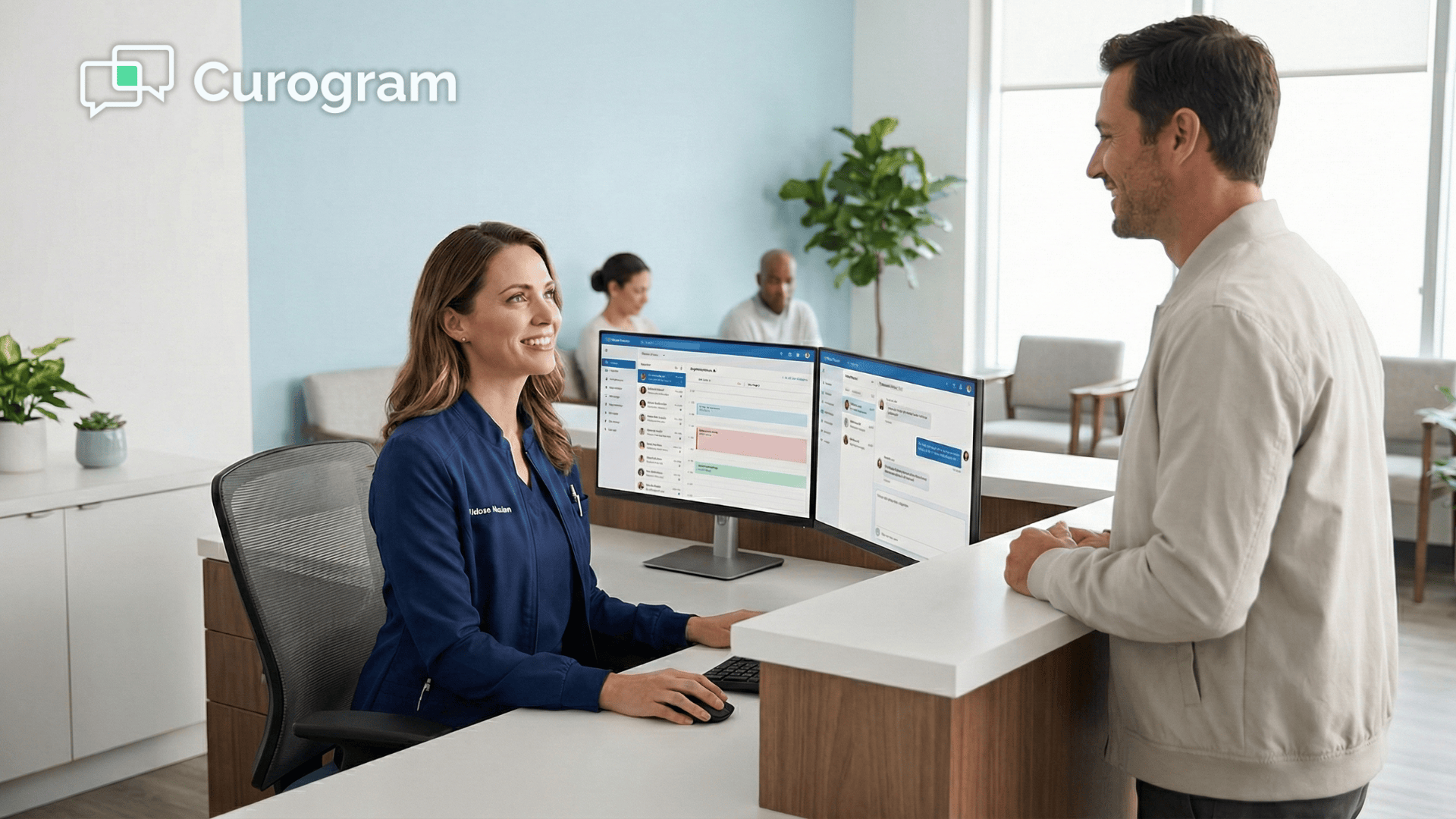 Medical receptionist using 2-way SMS dashboard while greeting patient at front desk