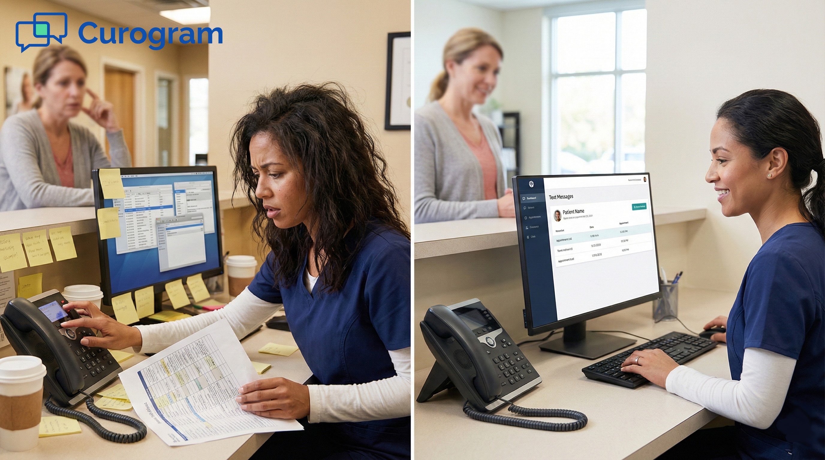 Stressed vs. organized medical office staff using digital patient scheduling