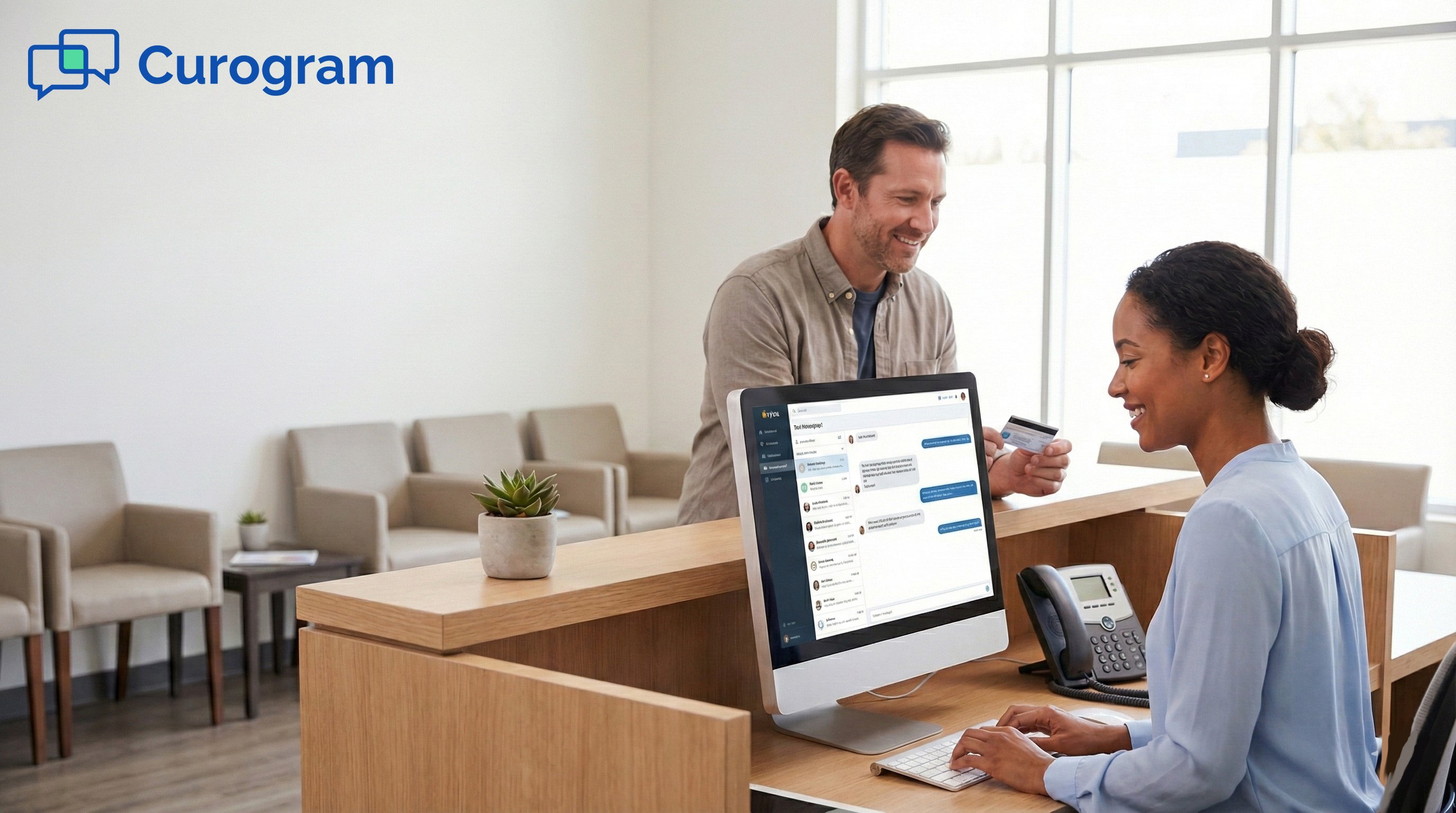 Medical staff using a texting dashboard at a modern front desk while checking in a patient