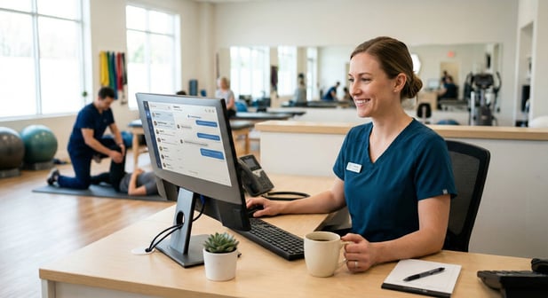 Physical therapy clinic interior with a receptionist using front desk texting software and patients exercising