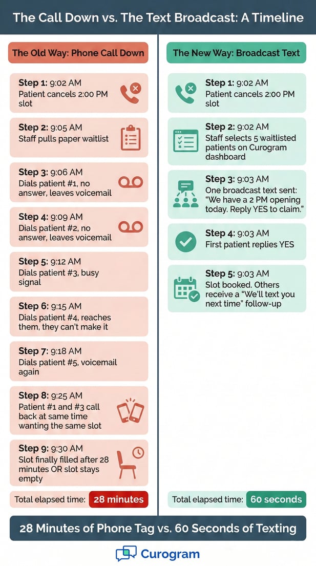Infographic comparing medical phone call down waitlist process vs. broadcast text patient scheduling