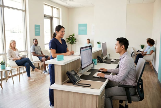 Wide-angle photo of a modern, efficient physical therapy clinic reception area with diverse staff and patients