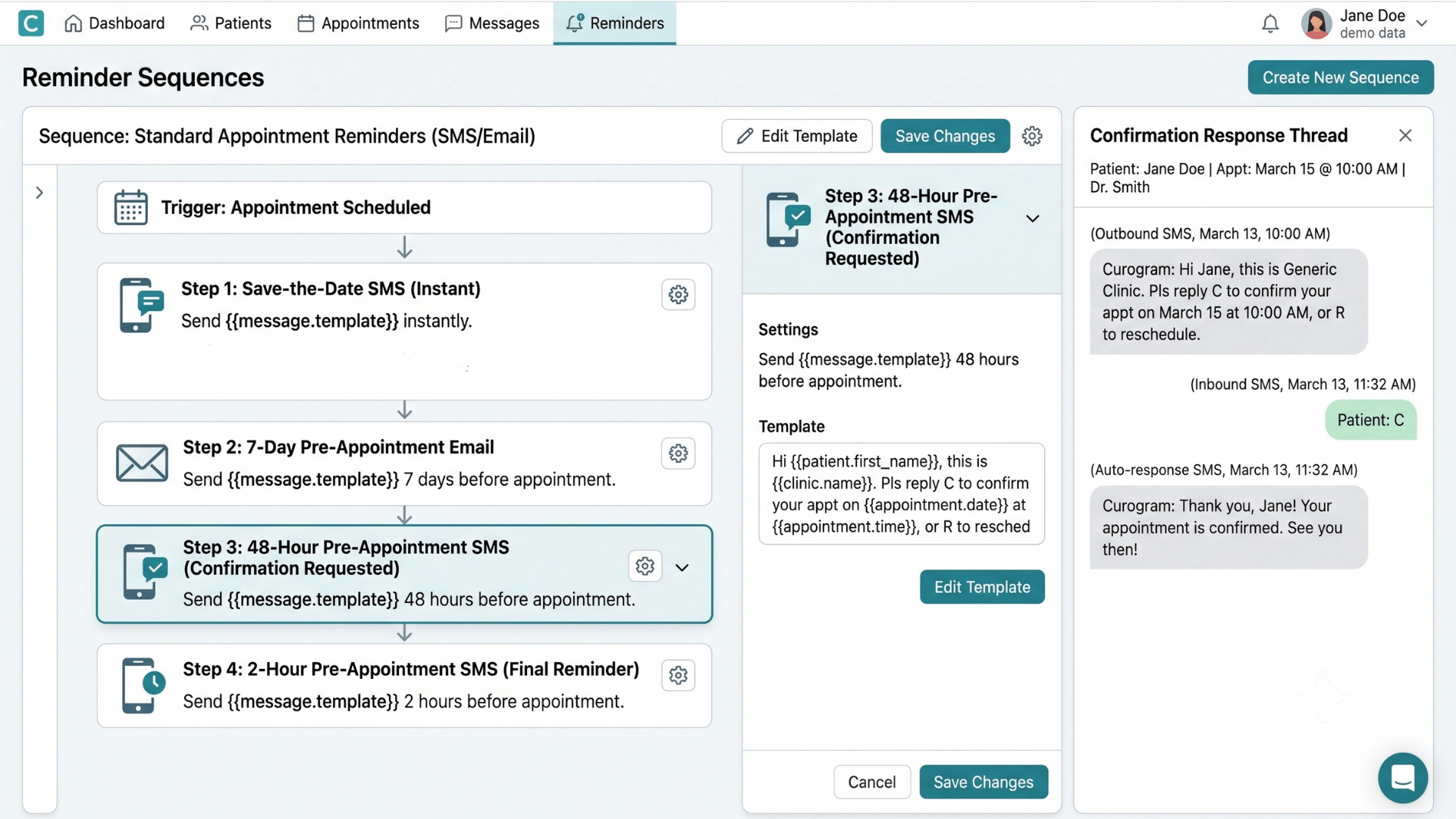 Curogram dashboard showing automated appointment reminders and confirmations