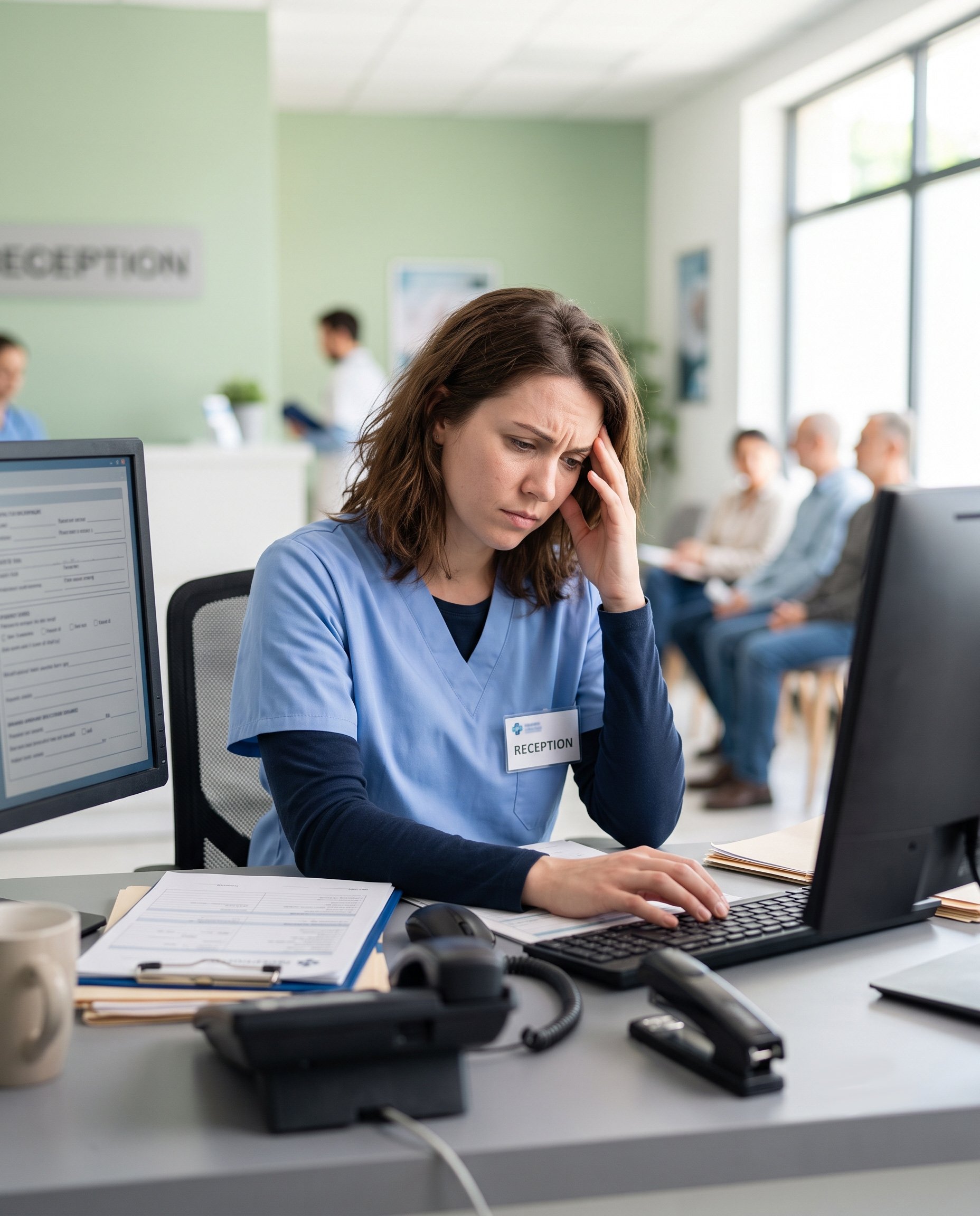 Portrait of stressed medical clinic receptionist managing complex appointment scheduling