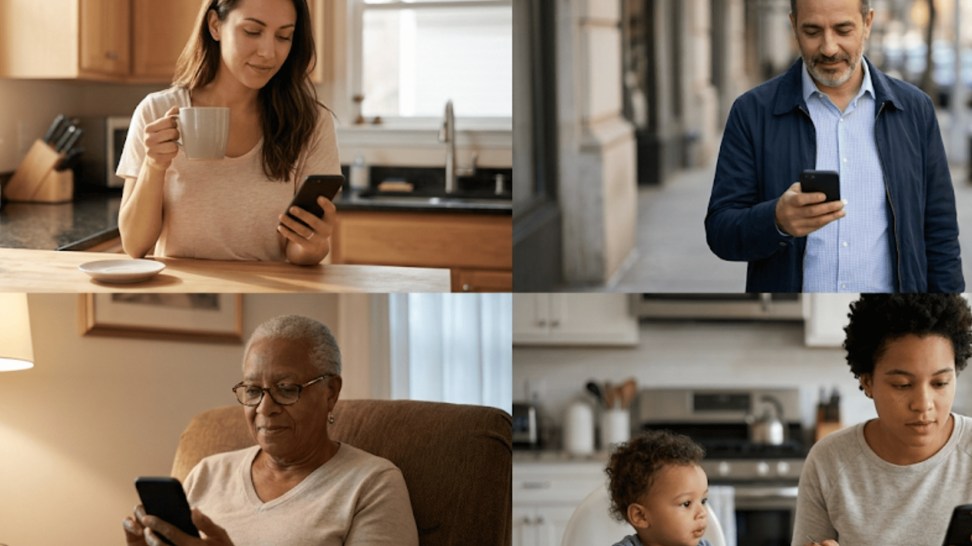 Multi-panel image of diverse patients receiving appointment reminders on their phones in everyday settings
