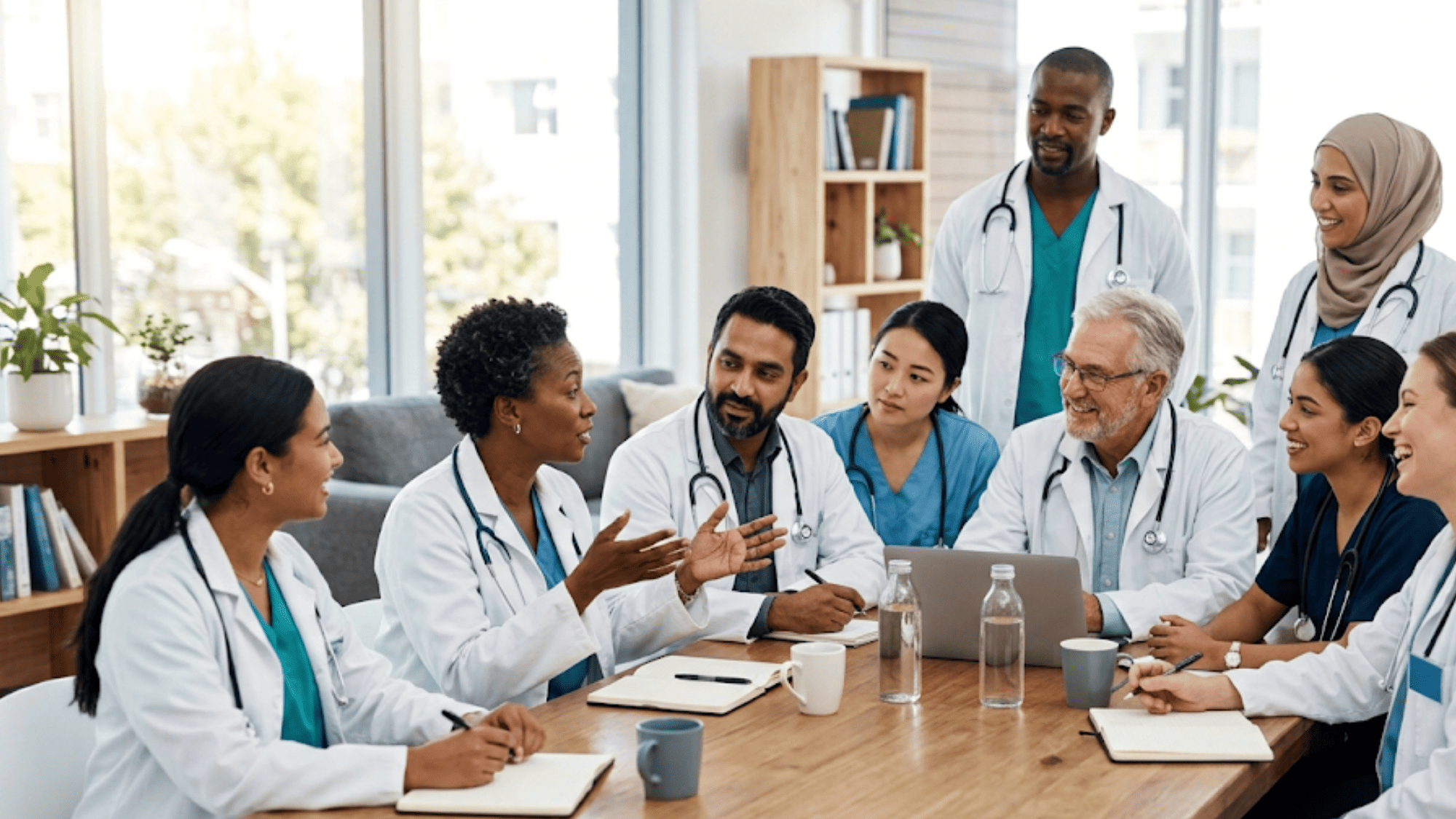 Group of physicians and clinicians talking together in a bright clinic during a referral discussion