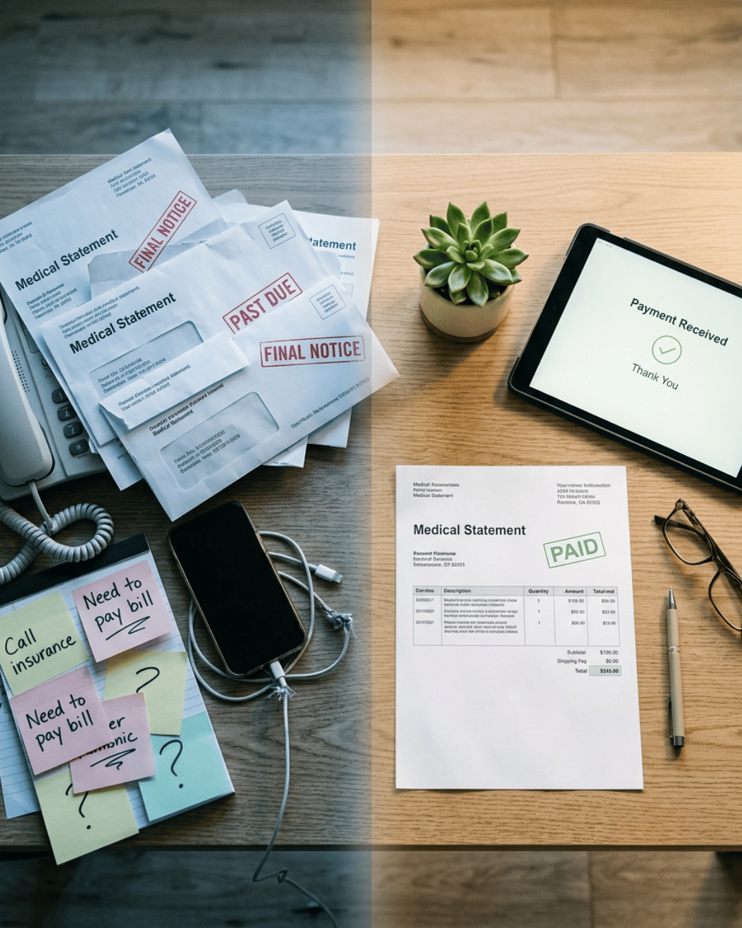 Desk flat-lay contrasting past-due medical statements with a paid, resolved patient balance