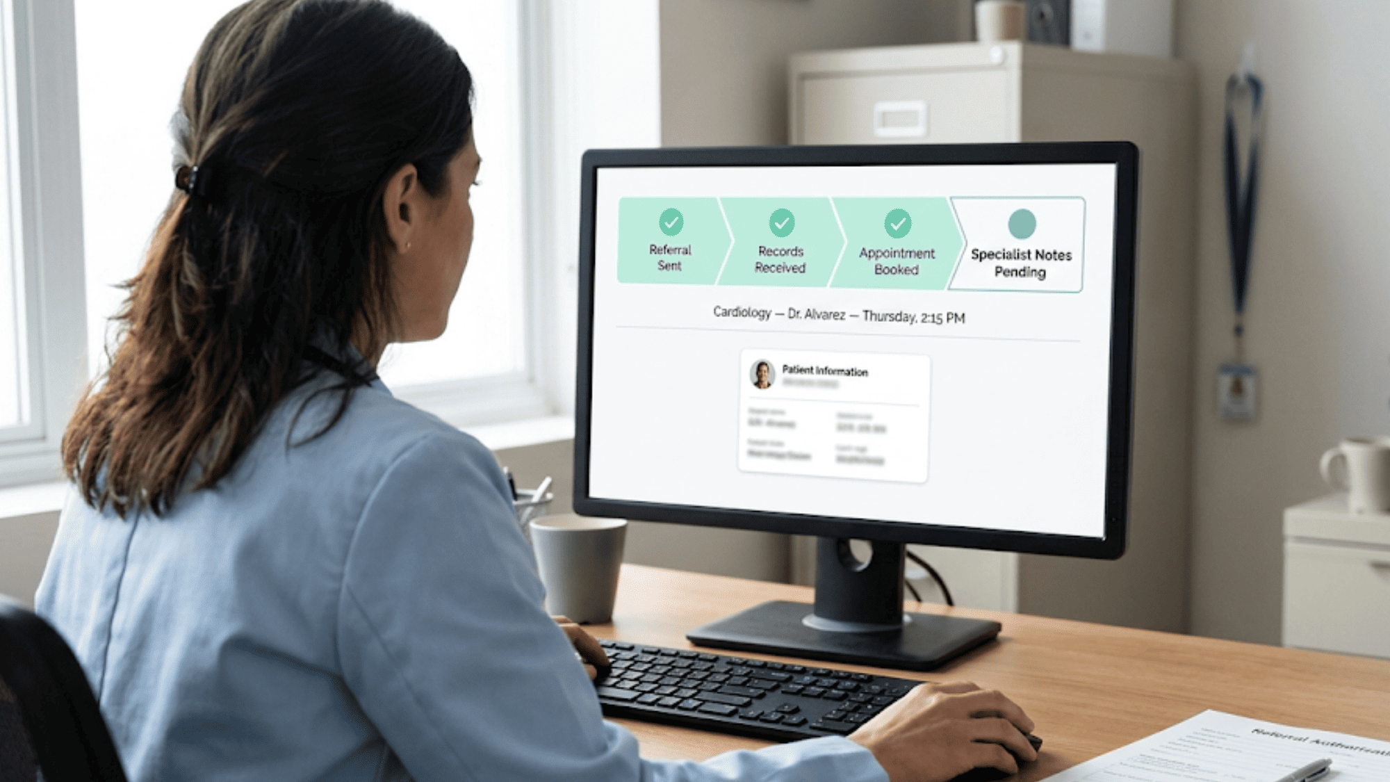 Physician reviewing an automated referral tracking dashboard showing appointment and records status