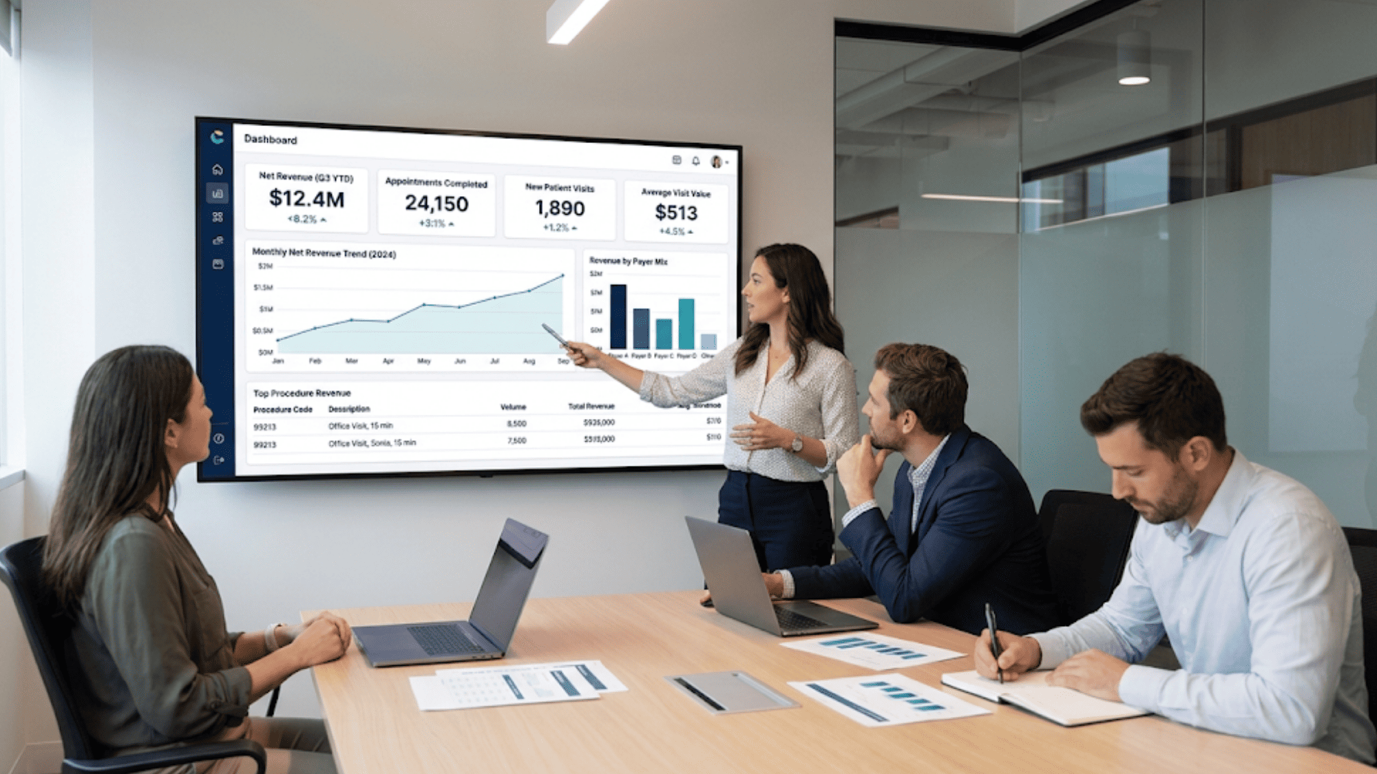 Healthcare administrators analyzing revenue trends and no-show costs on a conference room display