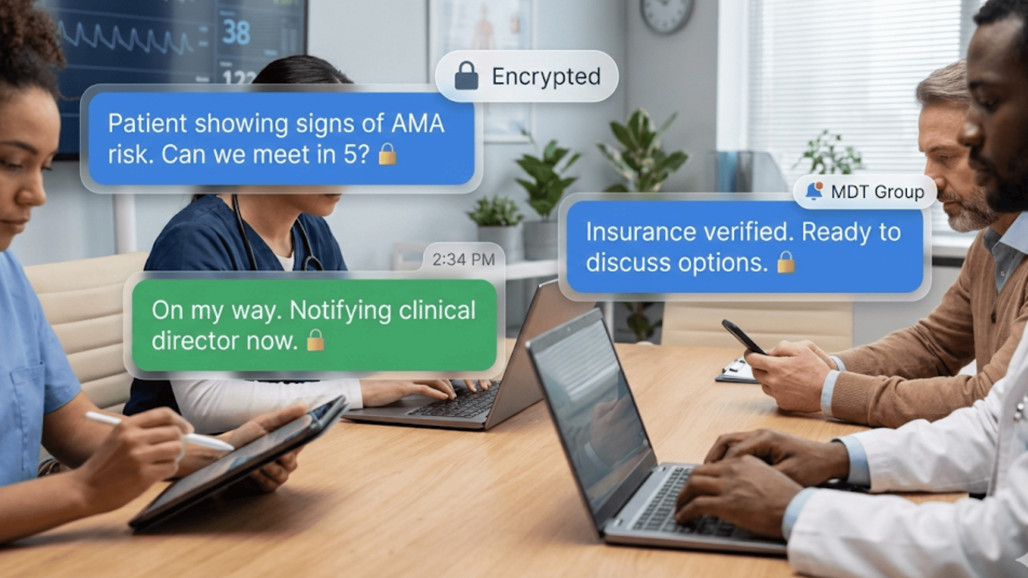 Healthcare team coordinating patient care with encrypted secure message bubbles showing real-time MDT communication