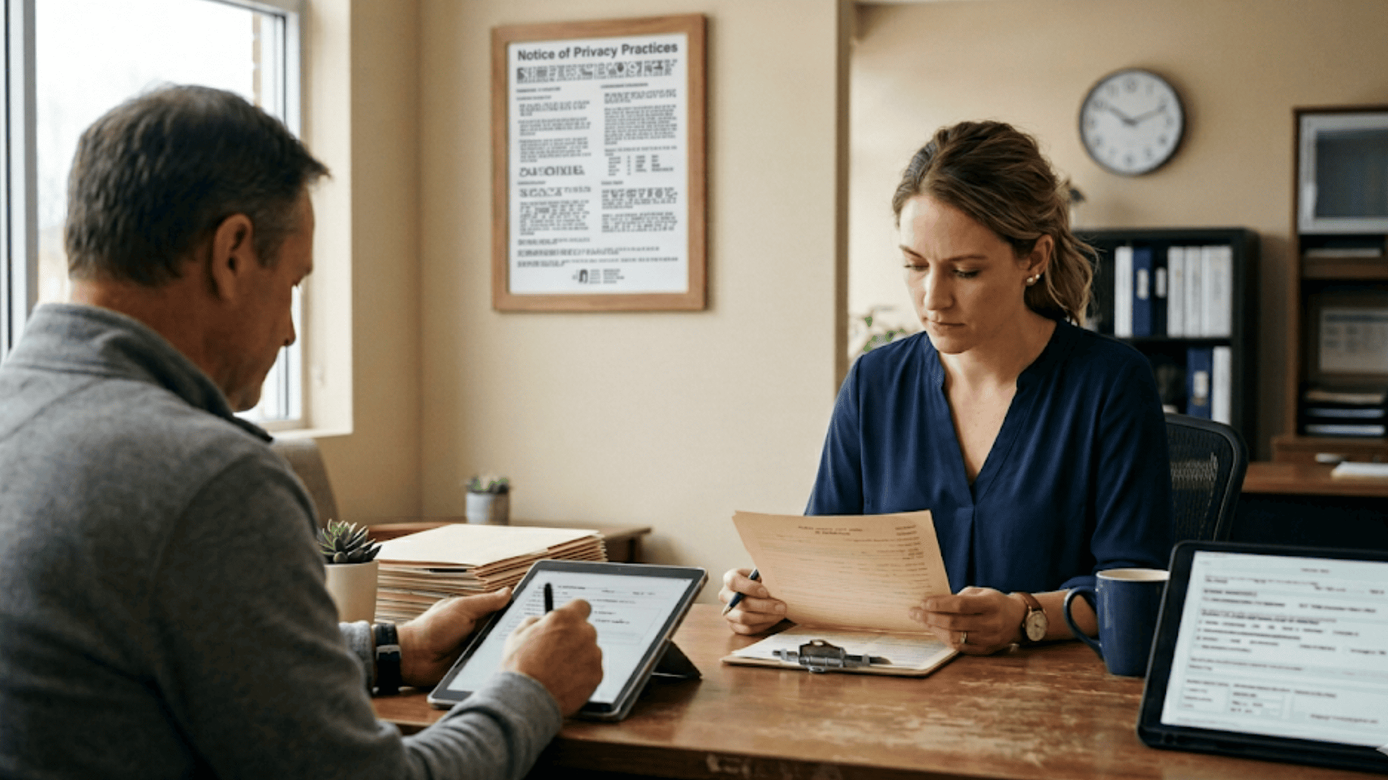 Healthcare provider and patient reviewing SUD treatment forms in an office featuring a Notice of Privacy Practices poster
