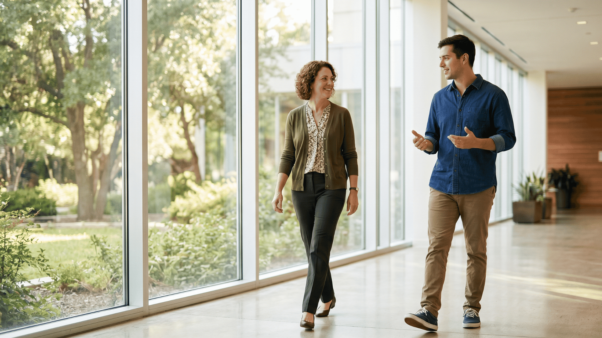 Counselor and client walking together, reflecting trust in SUD treatment communication