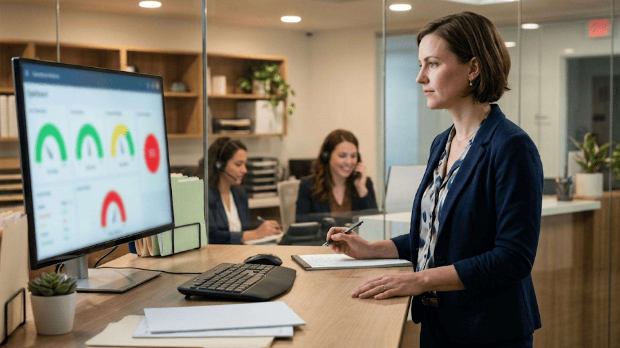 Medical practice manager monitoring performance metrics on a real-time operations dashboard