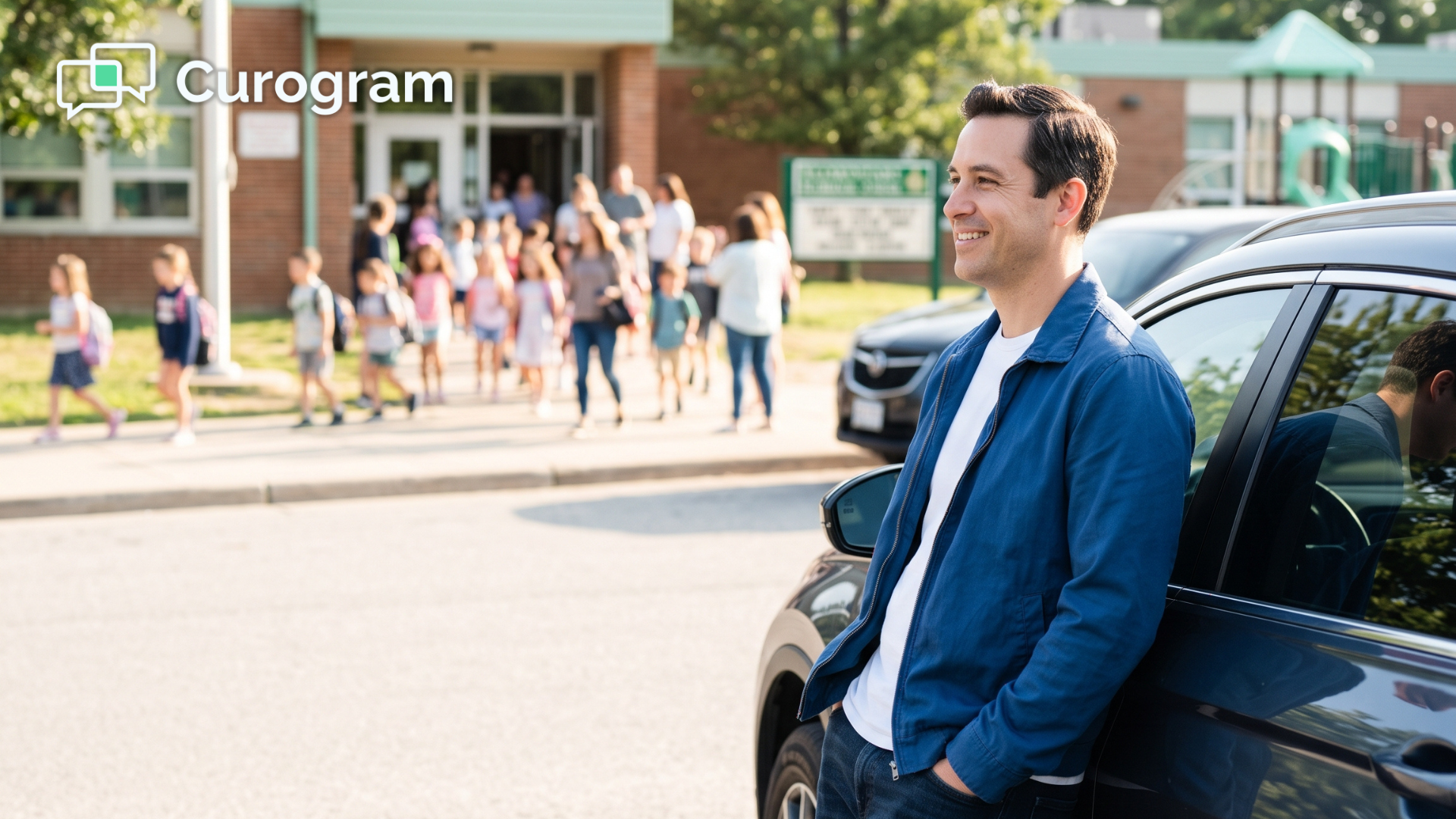 Smiling parent waits at school pickup, showing how patient texting fits into busy days