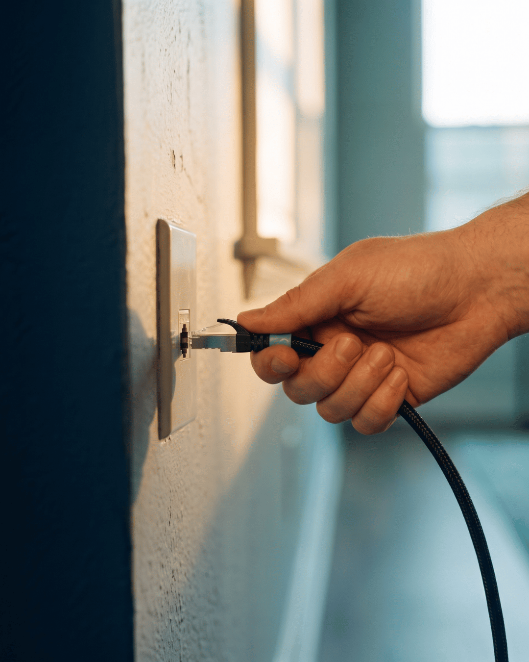 Hand plugging an ethernet cable into a wall port for a stable telehealth connection