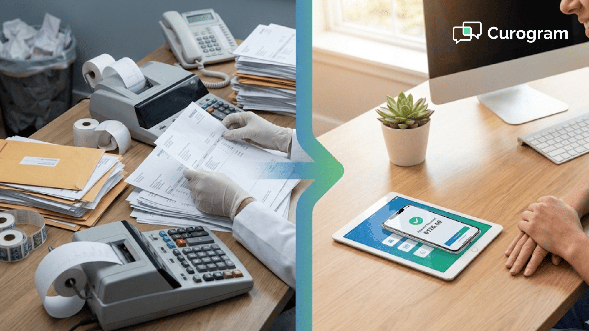 Healthcare office desk transition from manual billing paperwork to affordable text-to-pay system