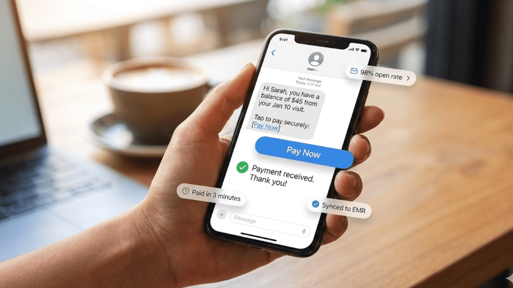 Healthcare text-to-pay interface displaying secure payment link and instant confirmation on mobile phone