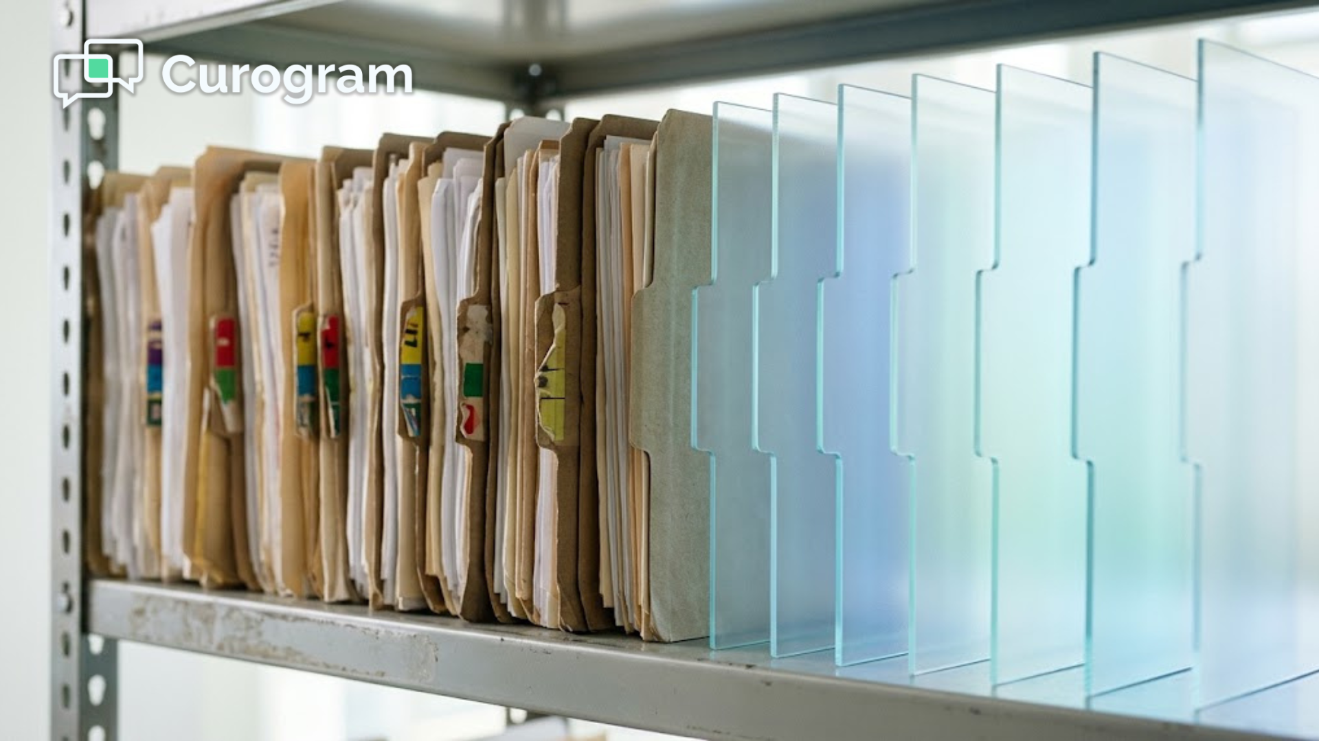 Paper patient chart folders fading into glass panels, showing the move to digital patient forms