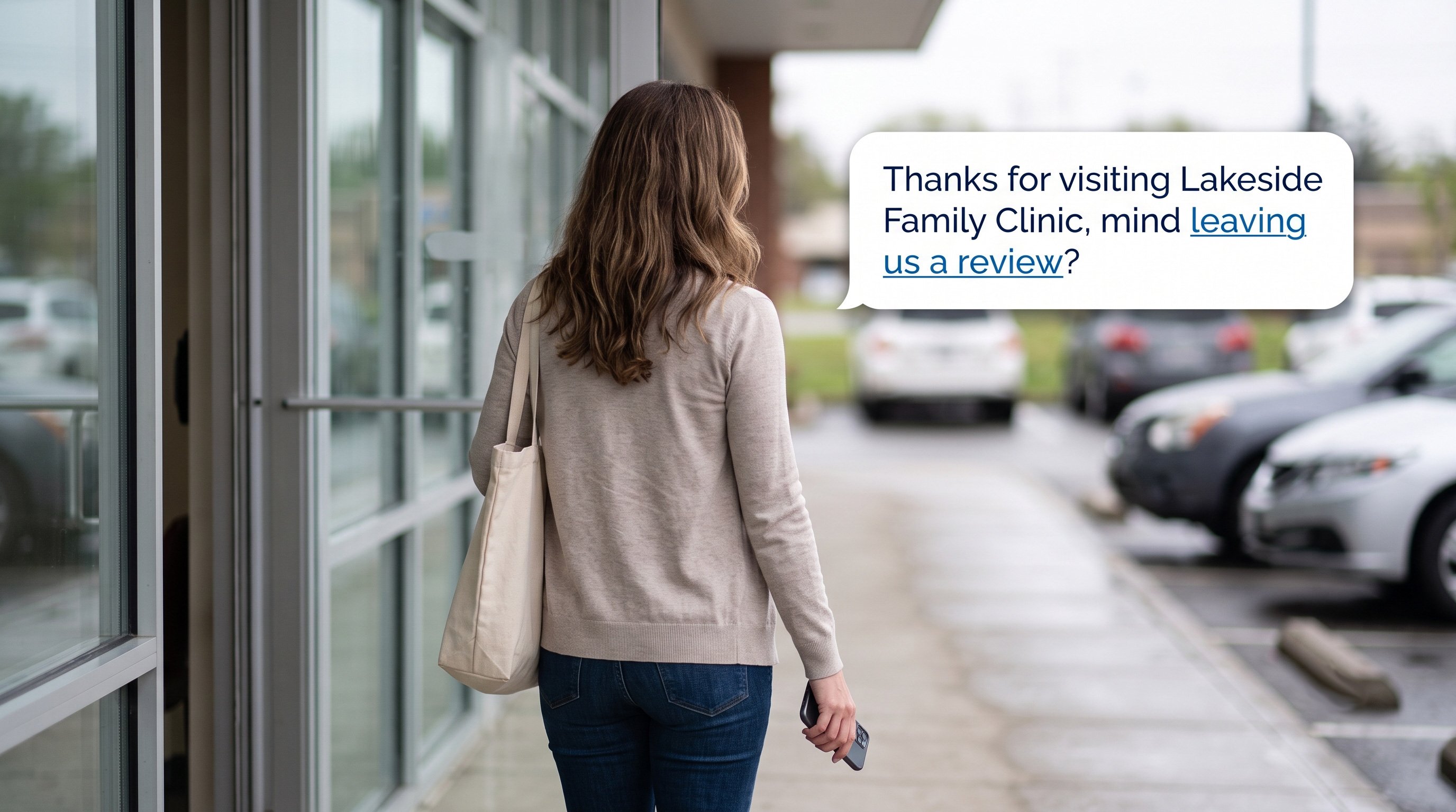 A clinic patient walking out of the entrance, holding a smartphone with a review request bubble