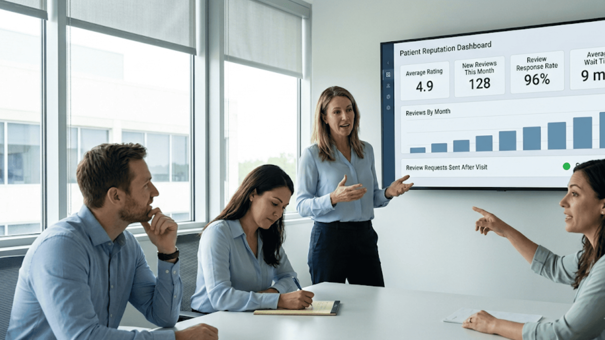 Practice management team reviewing a patient reputation dashboard showing average rating, new reviews, and wait times