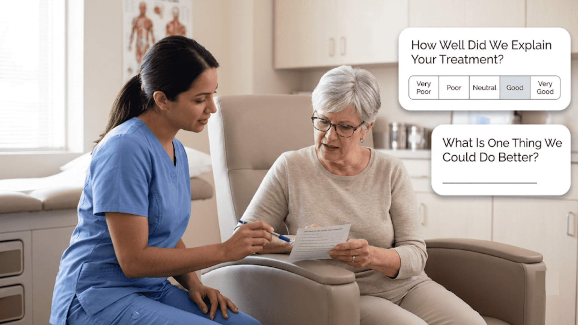 Clinic staff member walking a patient through a satisfaction survey rating scale