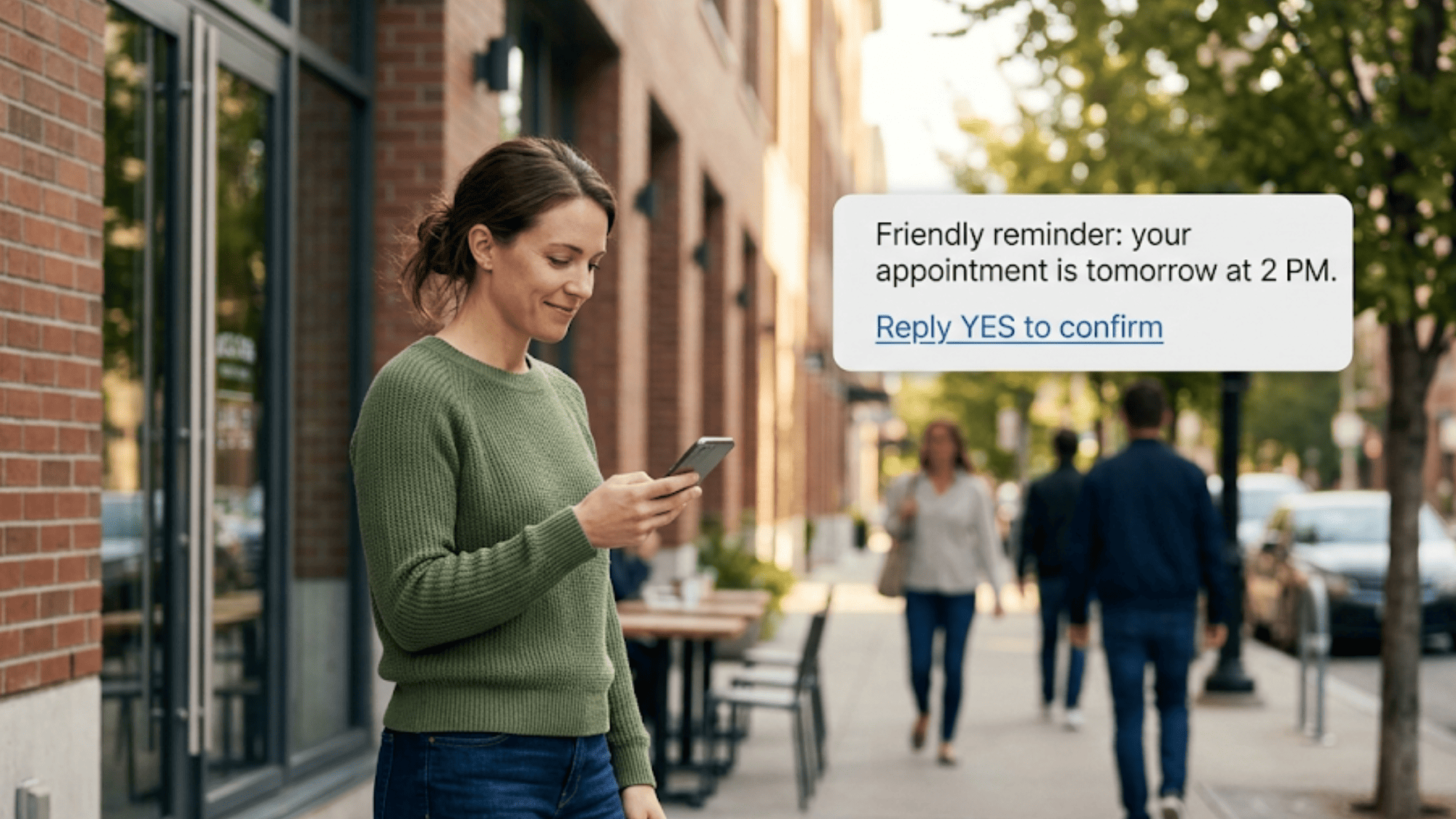 Candid scene of someone receiving a well-timed appointment reminder text on a city sidewalk