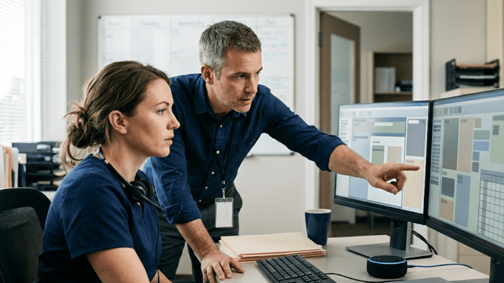 Clinic staff reviewing AI tool access settings on a back-office workstation