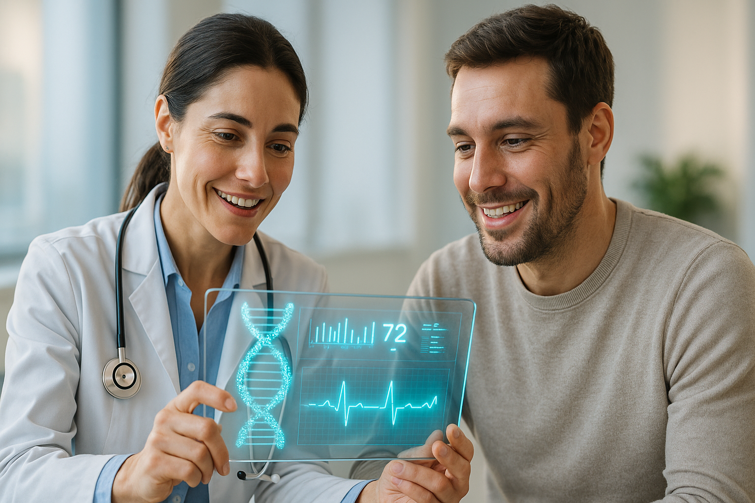 A doctor and patient review health data on a futuristic tablet, illustrating the collaborative power of AI patient engagement in a modern healthcare setting.