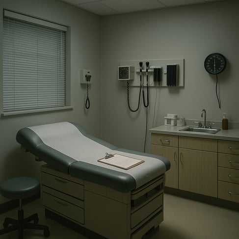 An empty doctor's examination room representing the cost of no-shows before using an appointment reminder service for doctors