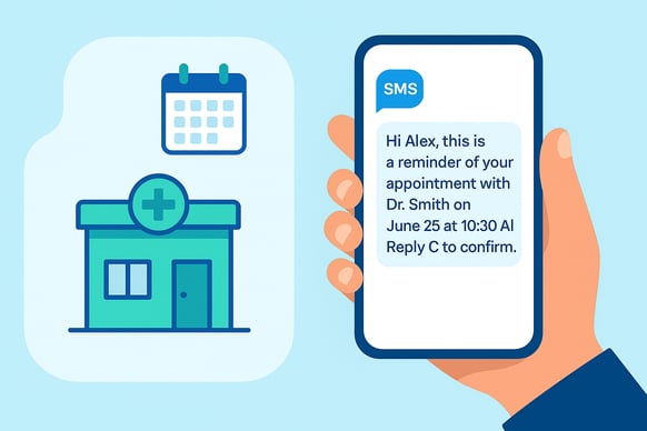 A graphic showing how a patient appointment reminder is sent via SMS from a clinic to a patient's phone, demonstrating the function of an appointment reminder service for doctors