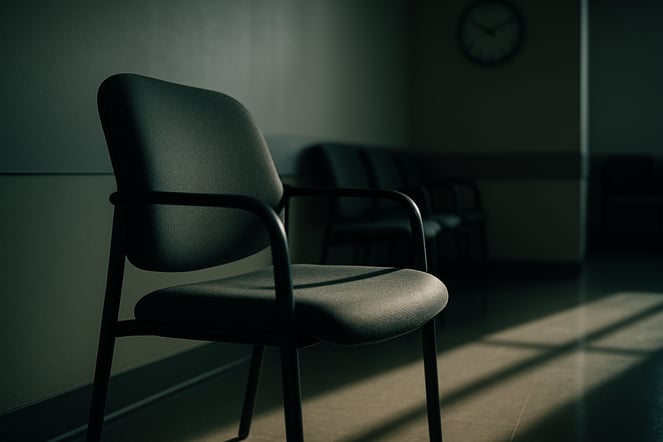 A single empty chair in a clinic waiting room, representing the lost revenue and operational cost associated with a high average patient no-show rate.