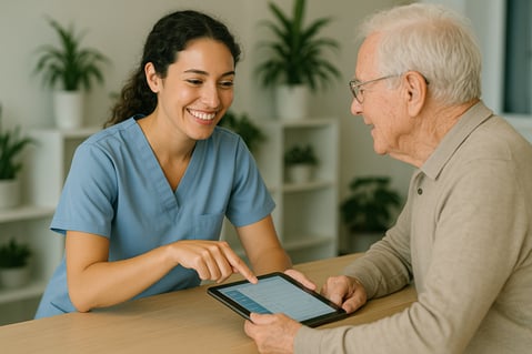 A friendly healthcare worker helps a patient use a tablet, demonstrating a communication strategy to reduce the average patient no-show rate.