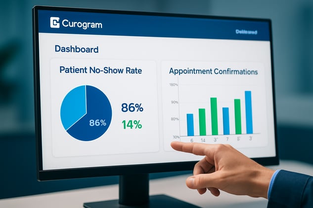 A computer screen showing a healthcare analytics dashboard used to track and lower the average no show rate for primary care.