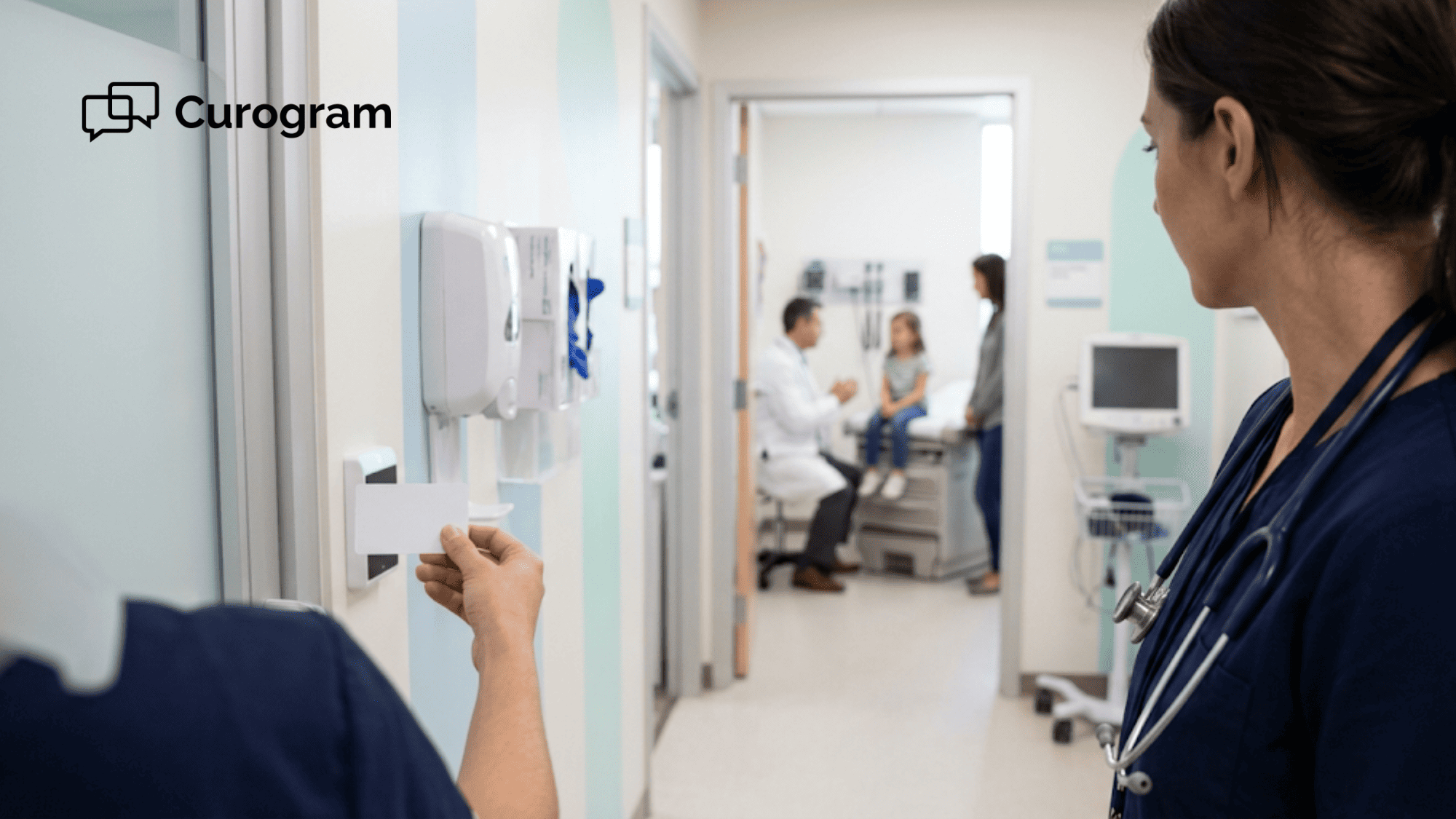 Clinician in navy scrubs taps an ID badge on a reader in a pediatric clinic hallway