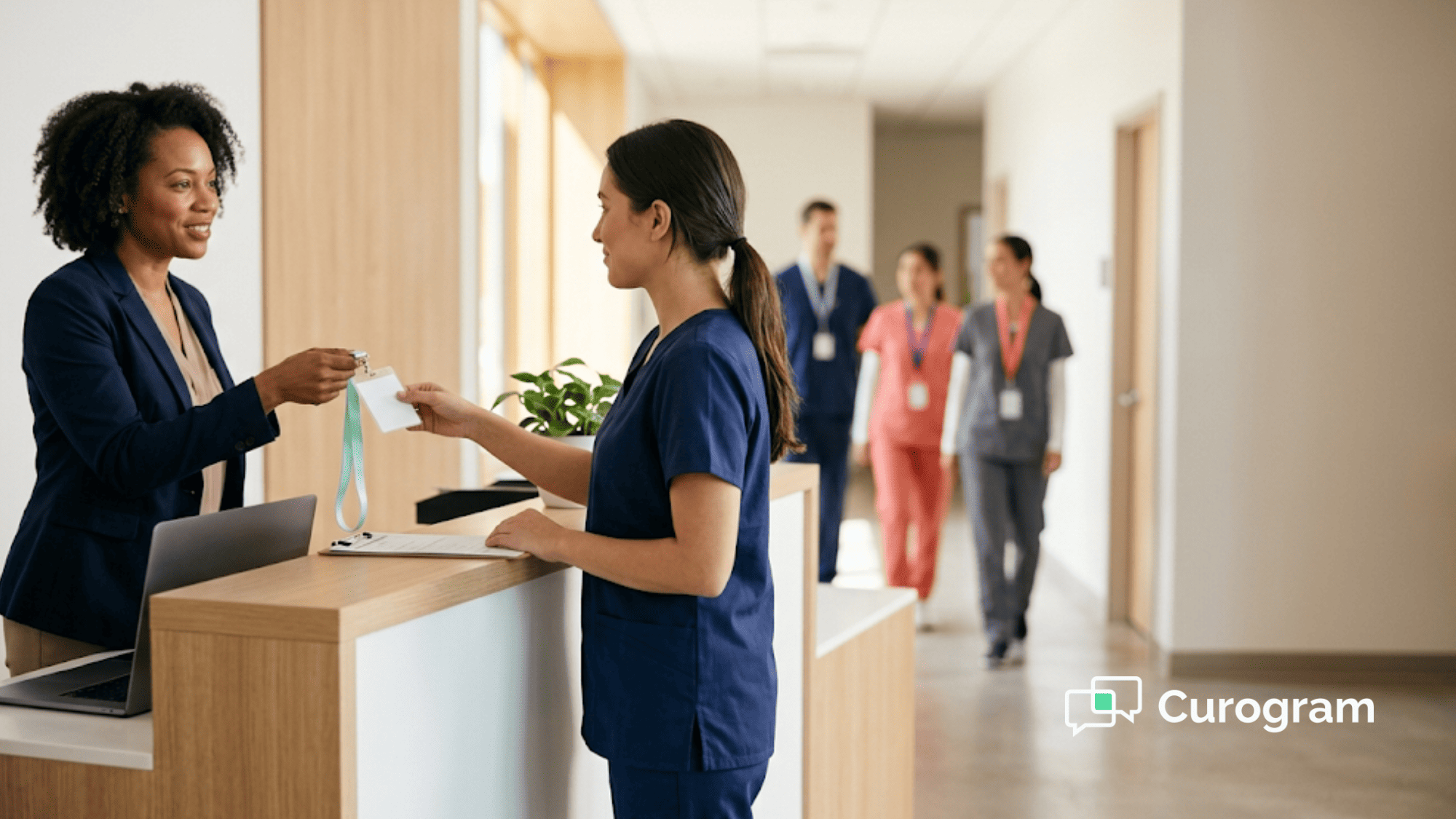 A new medical receptionist receives her ID badge