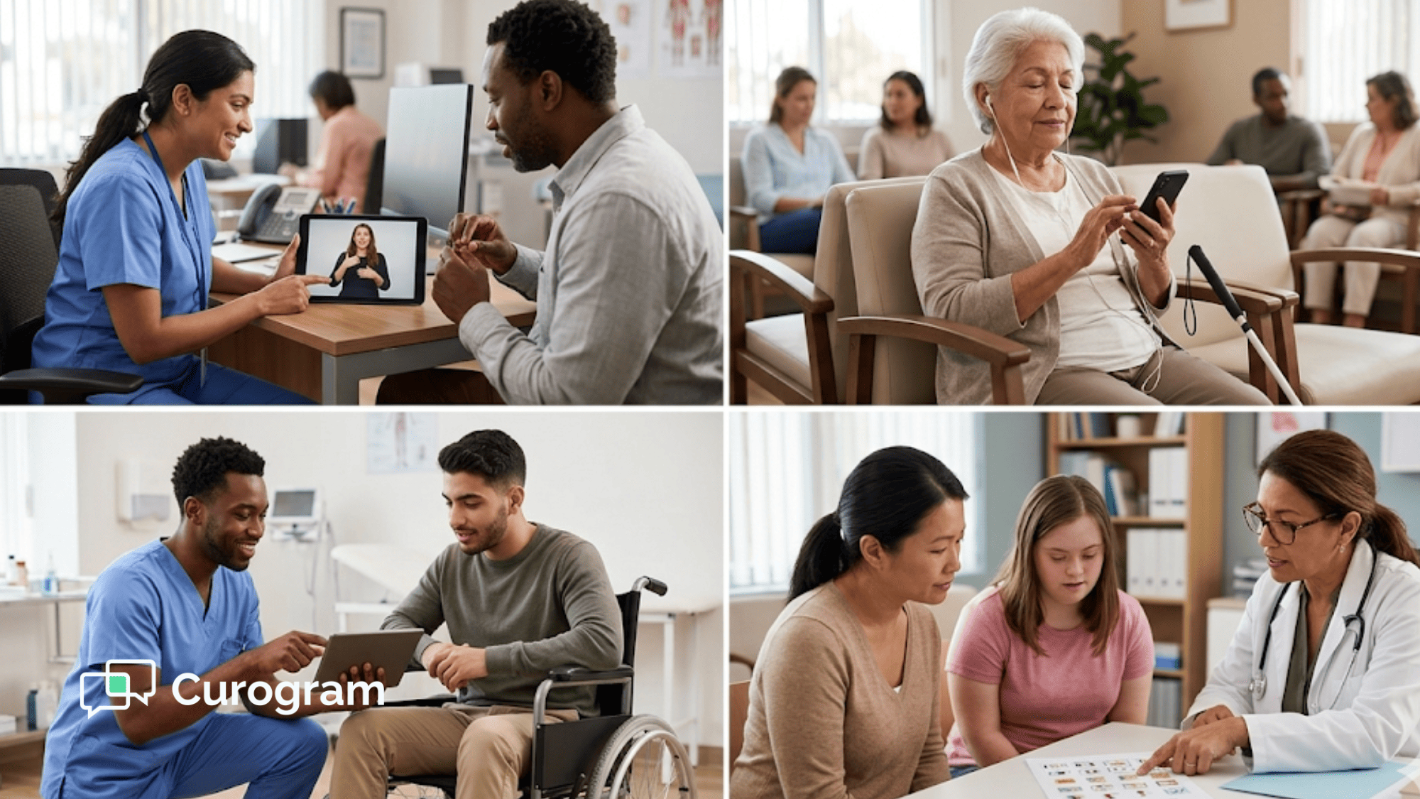 Medical staff providing accessible healthcare communication to diverse patients with disabilities in a modern clinic setting