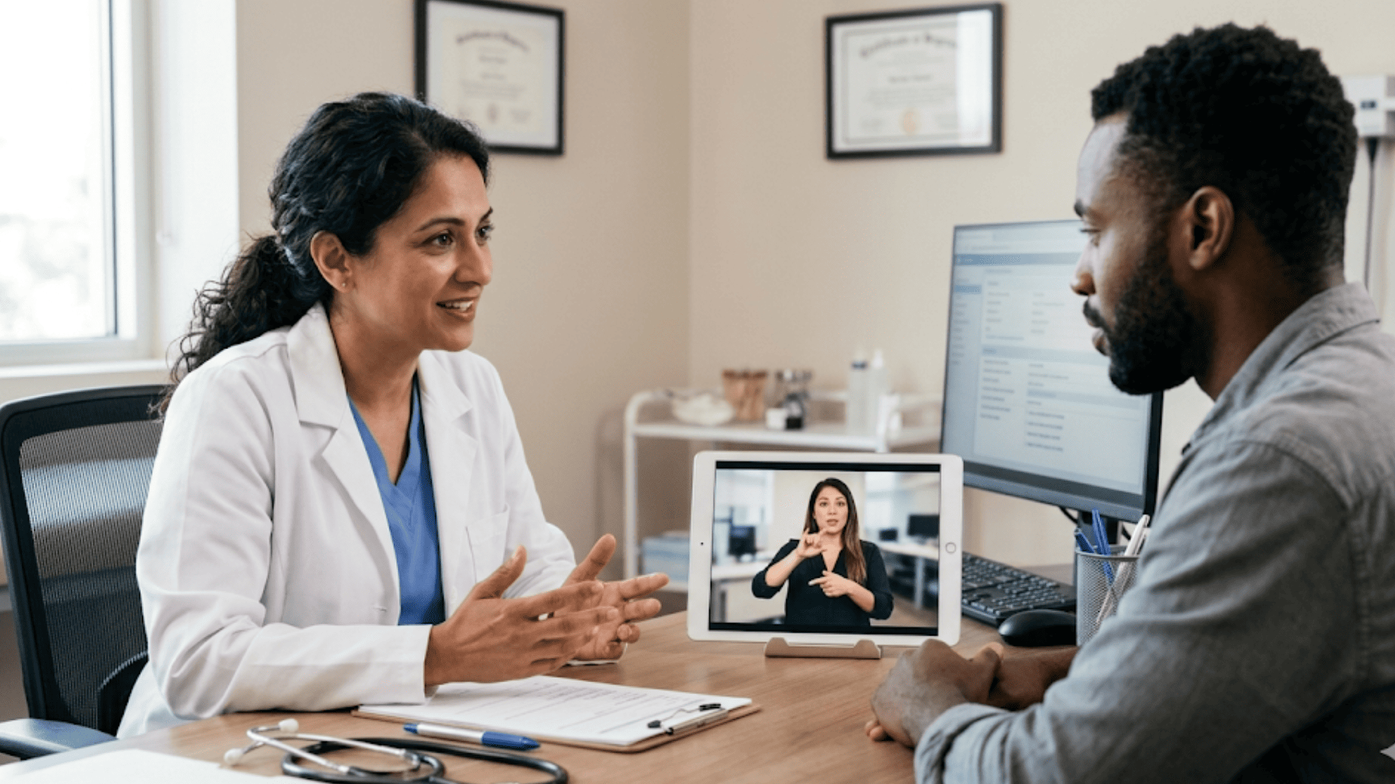 Doctor and deaf patient engaged in a consultation using a tablet-based video relay interpreter in a modern clinic setting
